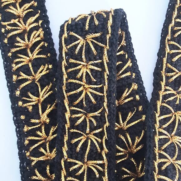 Handcrafted Black Boho Lux Crochet Belt With Gold Tone Starburst Embroidery - Picture 7 of 10